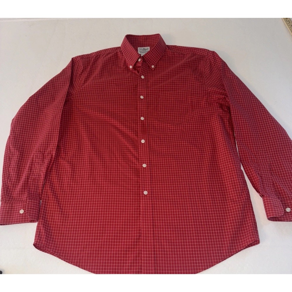 LL Bean Mens Red White Micro Grid Button Down Shirt M-Reg 275569 Cotton